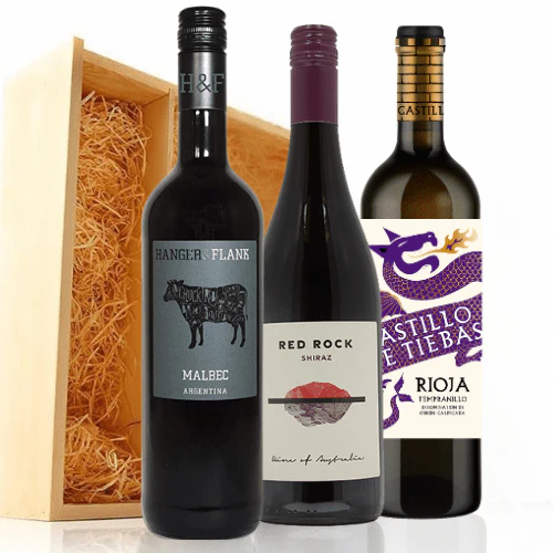 Red Wine Gift Trio ~ Malbec, Shiraz and Rioja in Wooden Box ~ 3 x 750 ml Bottles